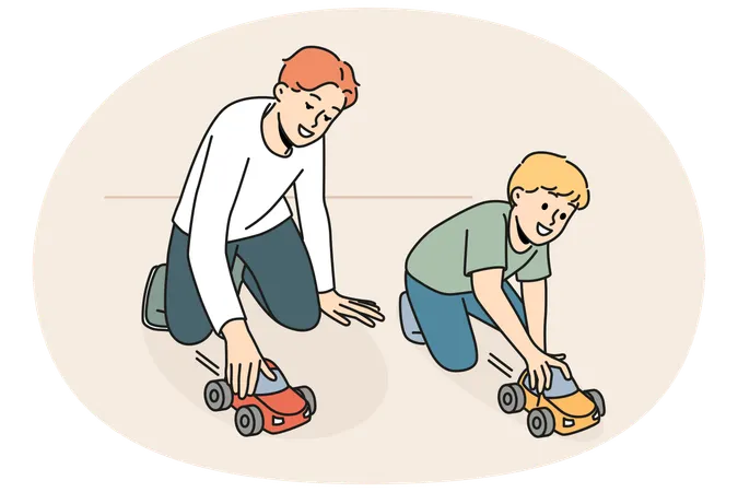 Happy father play cars with small son  Illustration