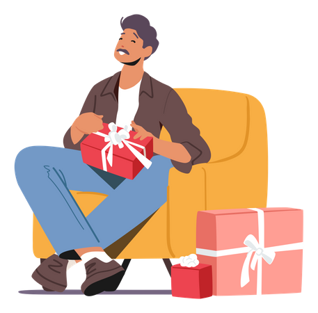 Happy Father Sitting On Armchair With Gift Box In Hands Illustration