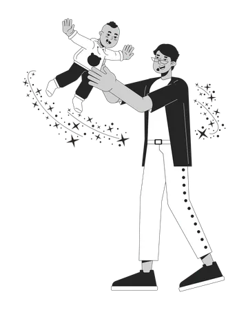 Happy Father Tossing Child In Air Black And White 2 D Line Cartoon Characters Middle Eastern Dad Playing With Baby Isolated Vector Outline People Joy Parent Monochromatic Flat Spot Illustration Illustration