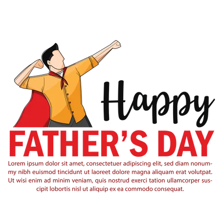Dad In Superhero Costume Holds Son On His Shoulders Happy Fathers Day Greeting Card Cartoon Character Illustration