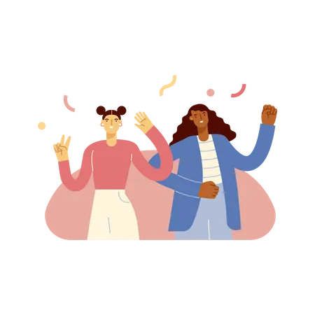 Two Young And Beautiful Girlfriends Are Having Fun Enjoying Themselves Dancing And Celebrating Vector Illustration In Flat Design Style On White Isolated Background Illustration
