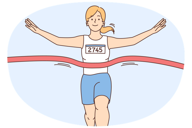 Happy female athlete in uniform cross finish line celebrate success  Illustration