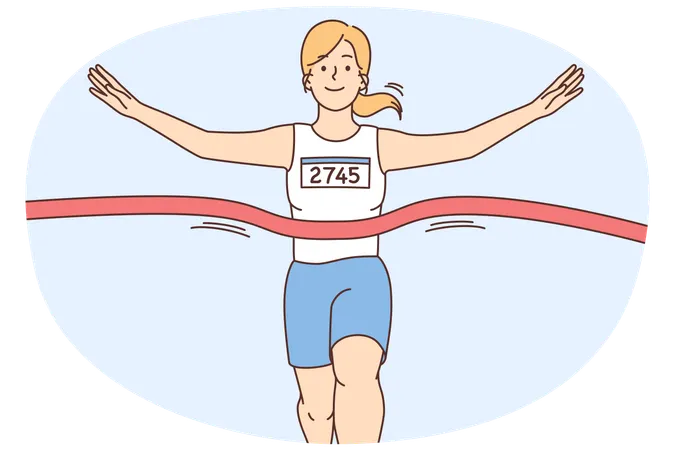 Happy female athlete in uniform cross finish line celebrate success  Illustration