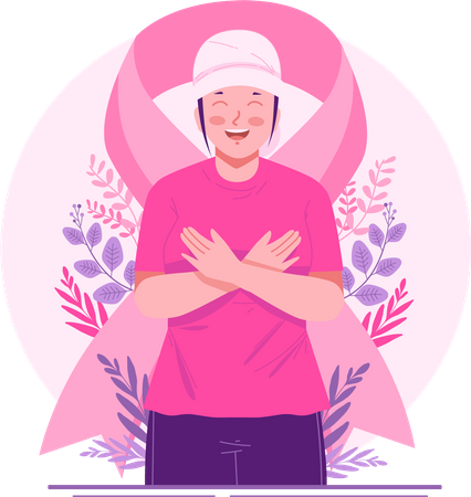 Happy Female Breast Cancer Survivor With a Pink Ribbon  イラスト
