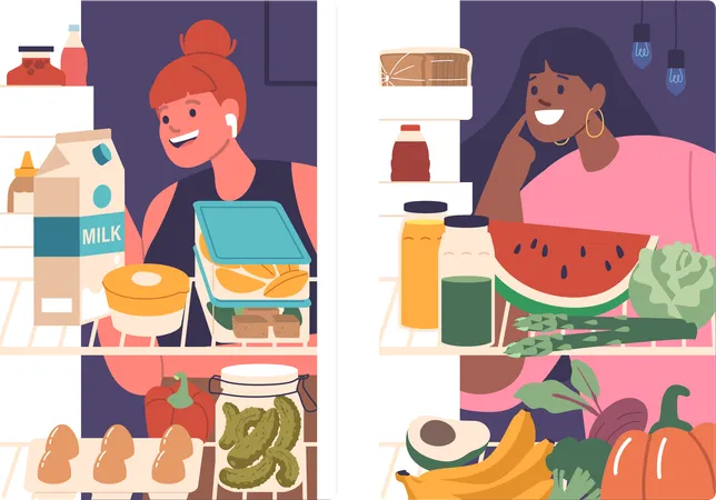 Happy Female Characters Looking Inside Fridge With Healthy Products  Illustration