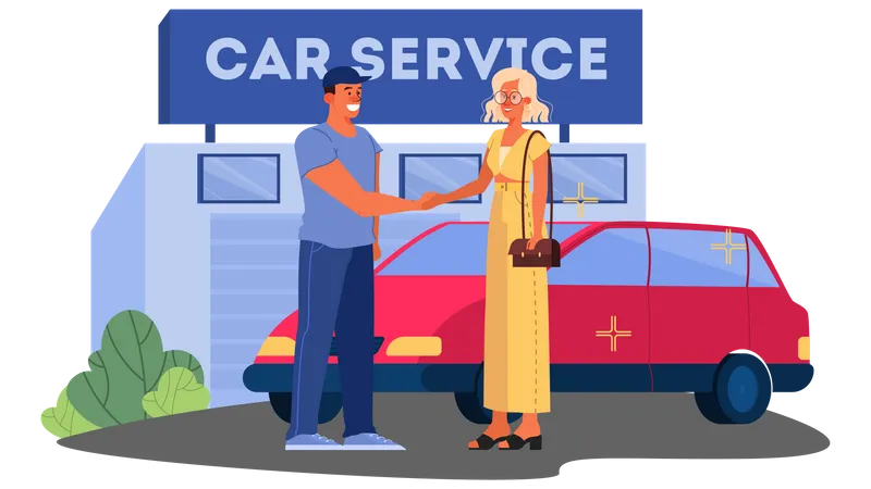 Happy female driver thanking car service worker Illustration