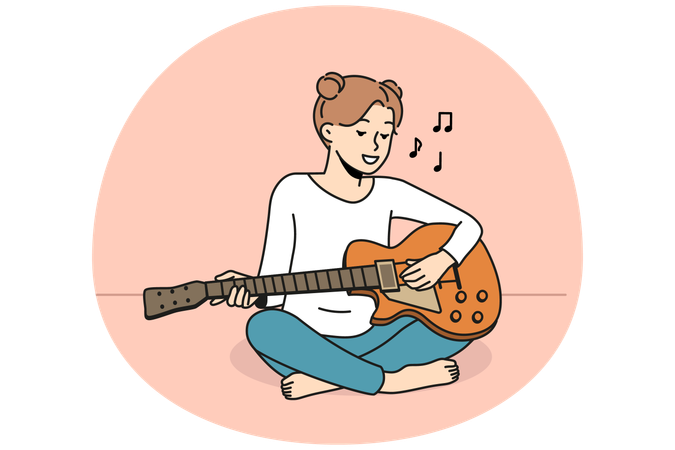 Happy female enjoy musical lesson with instrument  Illustration
