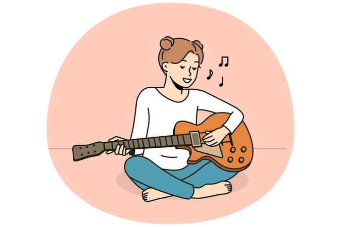 Happy female enjoy musical lesson with instrument  Illustration