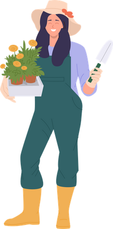 Happy female gardener cultivating flower in pot  Illustration