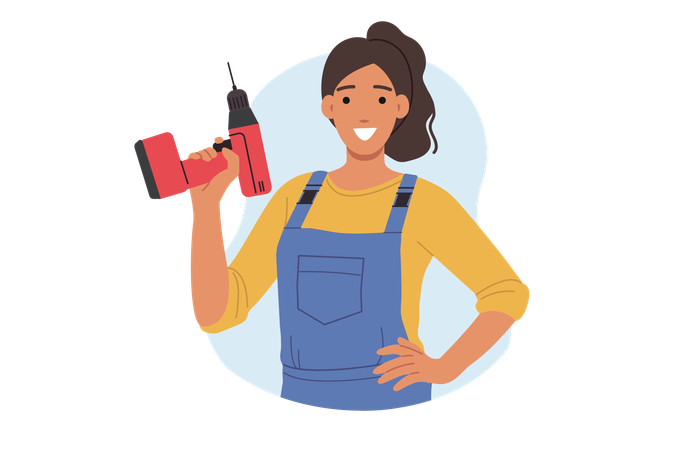 Happy female repairman holding electric screwdriver  Illustration