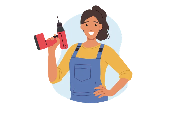 Happy female repairman holding electric screwdriver  Illustration