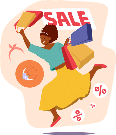 Happy female shopper crazy shopaholic rushing to buy clothing with sale discounts  Illustration