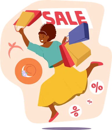 Happy female shopper crazy shopaholic rushing to buy clothing with sale discounts  Illustration