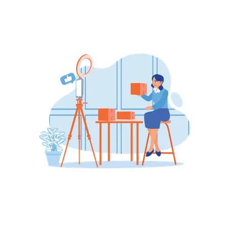 Happy Female Sitting In Front Of Smartphone Promoting Business Products Inside Home  Illustration