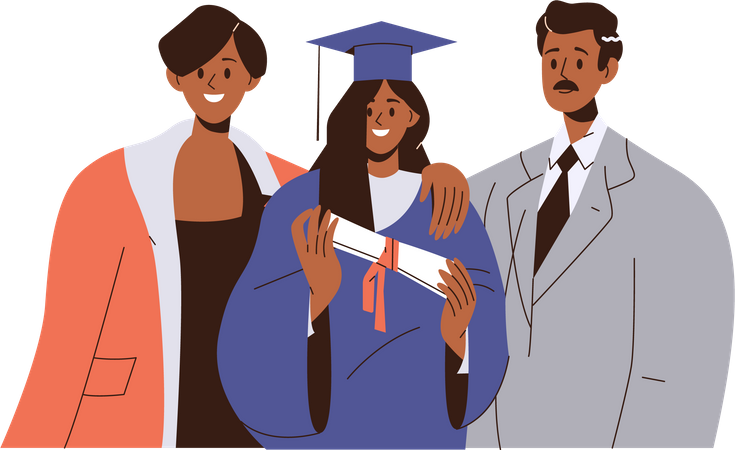 Happy female student celebrating graduation standing together with mom and dad  Illustration