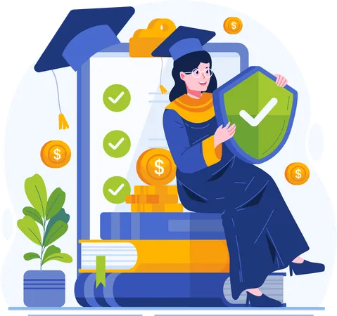 Happy Female Student Gets Education Insurance Coverage, A College Girl Sits on a Pile of Books While Holding a Shield With Check Mark  Illustration