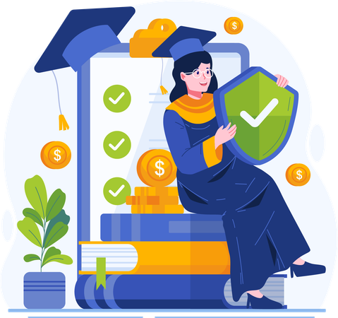 Happy Female Student Gets Education Insurance Coverage, A College Girl Sits on a Pile of Books While Holding a Shield With Check Mark  Illustration