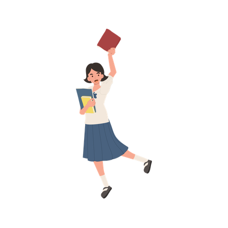Happy female student in asian school uniform carrying books  Illustration