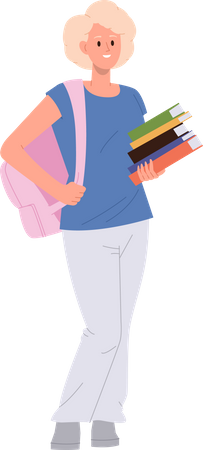 Happy female student standing with backpack holding stack of textbook  Illustration