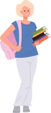 Happy female student standing with backpack holding stack of textbook  Illustration