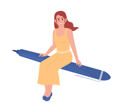 Happy female teacher flying on pen Illustration