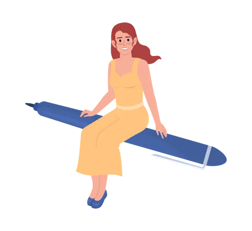 Happy female teacher flying on pen Illustration