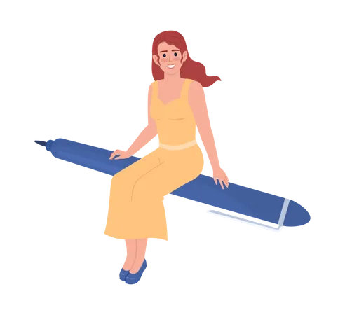 Happy female teacher flying on pen  Illustration