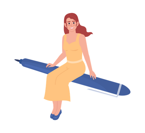 Happy female teacher flying on pen  Illustration