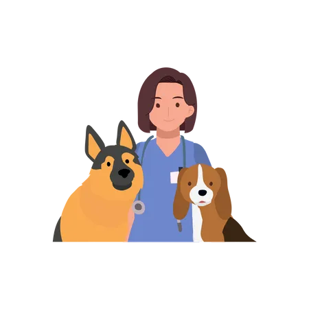 Domestic Animals Treatment Concept Smiling Vet Doctor With Dogs Happy Female Veterinarian Flat Vector Cartoon Illustration Illustration