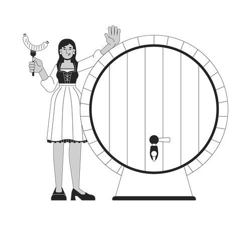 Happy female with grilled sausage near beer barrel  Illustration