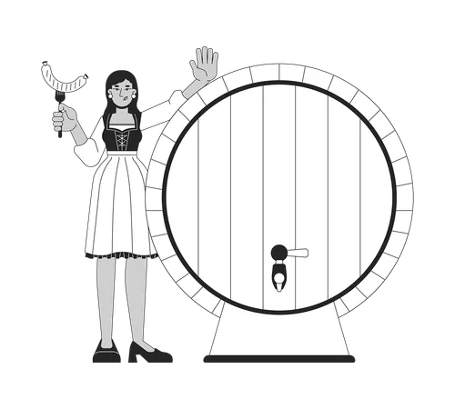 Happy female with grilled sausage near beer barrel  Illustration