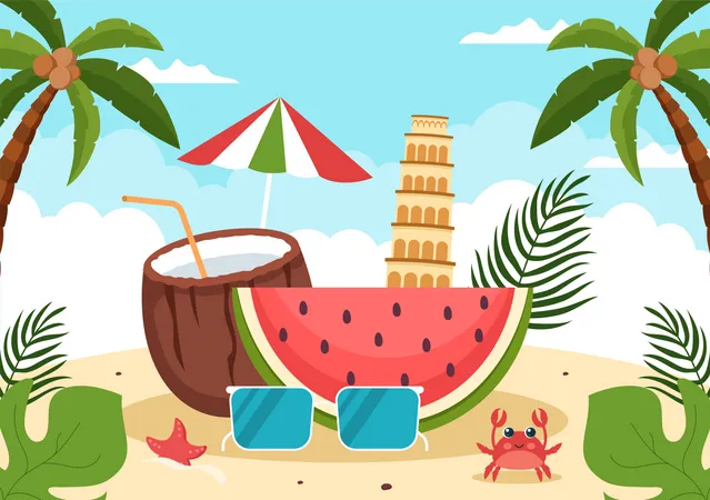 Buon Ferragosto Italienisches Sommerfest In Strand Cartoon Illustration Am Feiertag Der Am 15 August Im Flachen Design Gefeiert Wird Illustration
