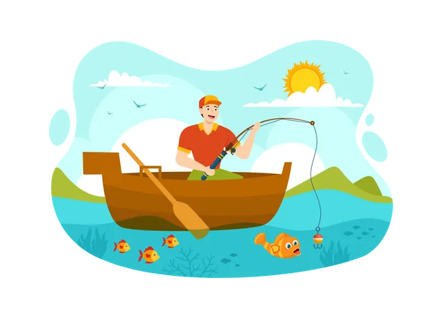 World Fisheries Day Vector Illustration Of Fisherman With Fishing Rod On Boat At The Sea To Protecting Aquatic Ecosystems And Preserving Biodiversity Illustration
