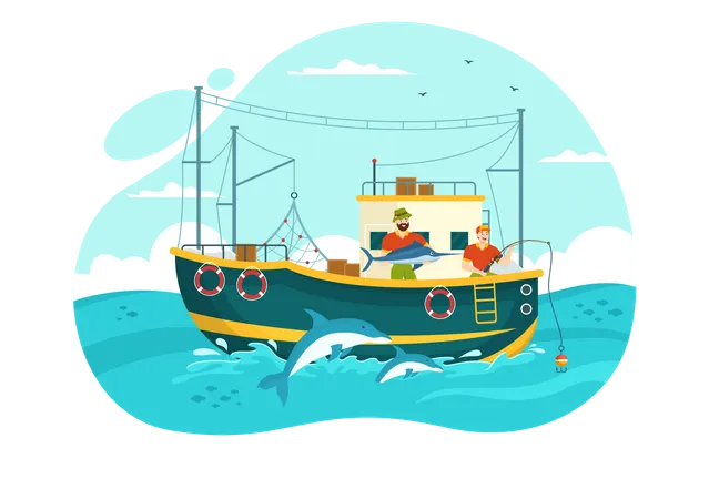 World Fisheries Day Vector Illustration Of Fisherman With Fishing Rod On Boat At The Sea To Protecting Aquatic Ecosystems And Preserving Biodiversity Illustration