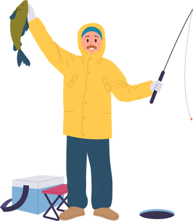Happy fisherman holding big fish and rod feeling excited during winter fishing  Illustration