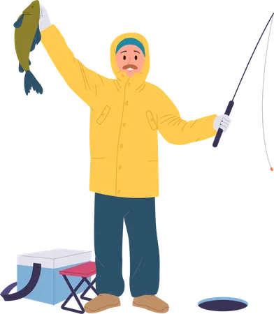 Happy fisherman holding big fish and rod feeling excited during winter fishing  イラスト