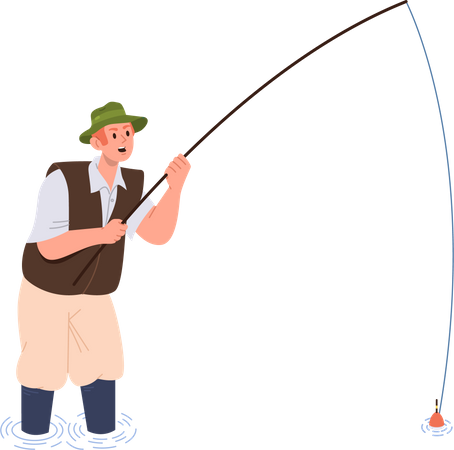 Happy fisherman standing knee-deep in water catching fish looking at rod float waiting for bite  Illustration