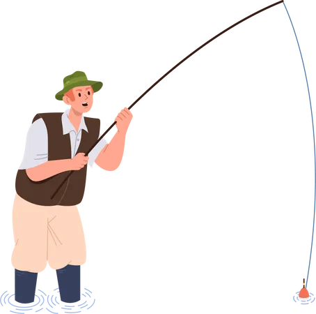 Happy fisherman standing knee-deep in water catching fish looking at rod float waiting for bite  Illustration