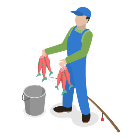 Happy fisherman standing with bunch of fishes in hand  Illustration
