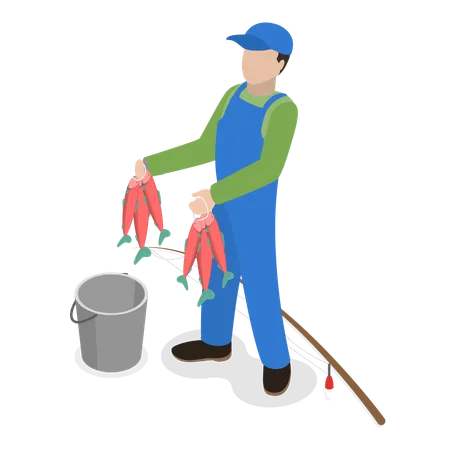 Happy fisherman standing with bunch of fishes in hand  Illustration