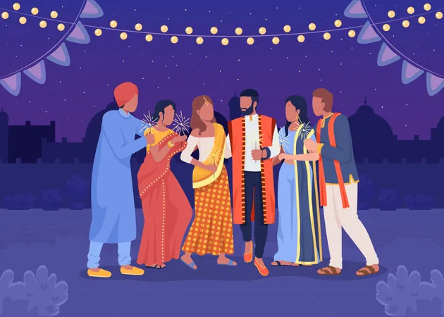 Happy Friends At Diwali Party Flat Color Vector Illustration Celebration Traditional Indian Holiday Fully Editable 2 D Simple Cartoon Characters With Night Courtyard On Background Illustration