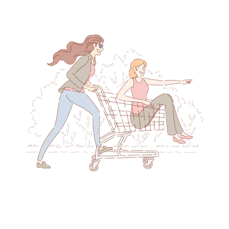 Happy Friends Having Fun Women Ride In Supermarket Trolley Carefree Pastime Leisure Female Friendship Banner Young Girlfriends On Shopping Concept Cartoon Sketch Flat Vector Illustration Illustration