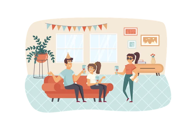 Happy friends having fun at home party Illustration
