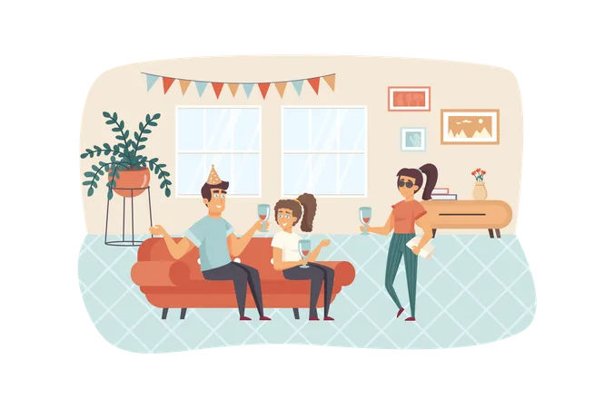 Happy friends having fun at home party  Illustration