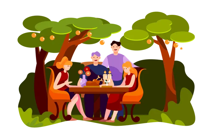 Happy friends having meat for dinner at garden party during night  Illustration