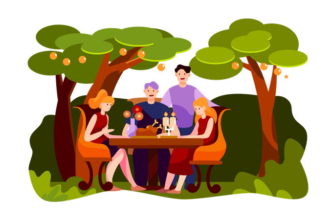 Happy friends having meat for dinner at garden party during night  Illustration