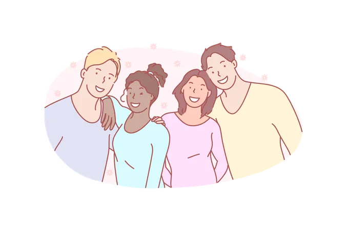 Photo Group Friend Smile Concept Happy Smiling Friends Pose For Group Photo Positive Teens Looking Forward For Common Picture Joyful Joint Together Mates Photographing Simple Flat Vector Illustration