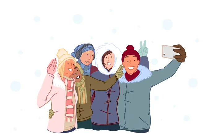 Friendship Hugs Weekend In Winter Concept Happy Friends Take Selfies And Laugh Guys And Girls Are Photographed On A Mobile Phone Outdoors In Winter Simple Flat Vector Illustration