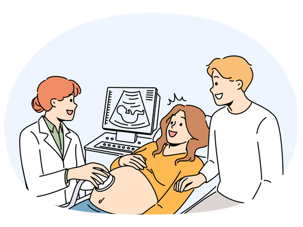 Happy future parents on ultrasound in clinic  Illustration