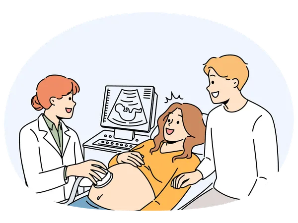 Happy future parents on ultrasound in clinic  Illustration